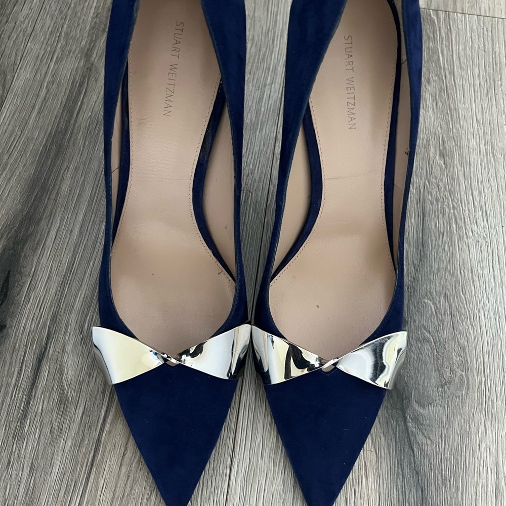 Stuart Weitzman Stanton 90 Blue Suede Bow Pump 10 1/2